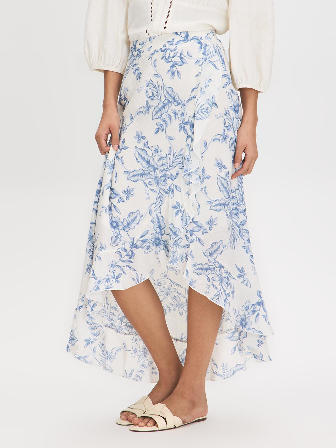 Blue Floral Hi-Low Ruffle Front Midi Skirt - Woman Wearing Textured Slub Midi Skirt - Suzy Shier