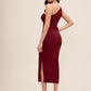 Brick One-Shoulder Knit Crepe Sheath Dress - Woman Wearing Fitted Dress with Metal Trim Detail - Le Chateau
