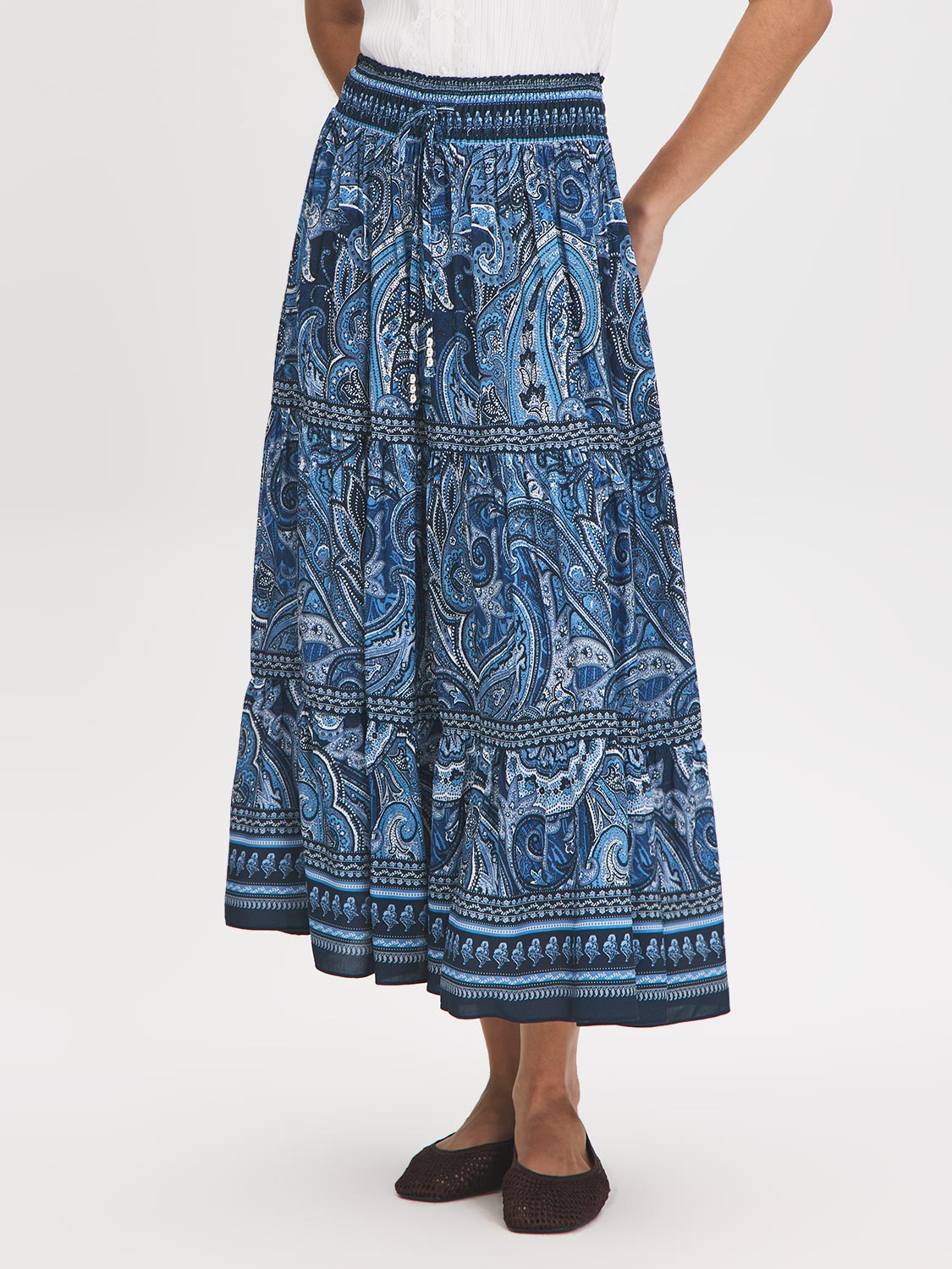 Paisley Placement Print Smocked Waist Maxi Skirt - Woman Wearing Tiered Maxi Skirt - Suzy Shier