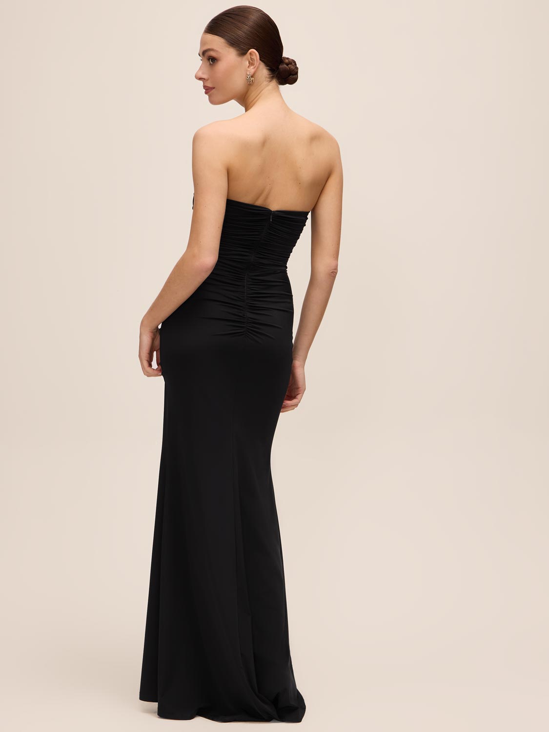Black Strapless Gown with Rosette Trim - Back View - Le Chateau