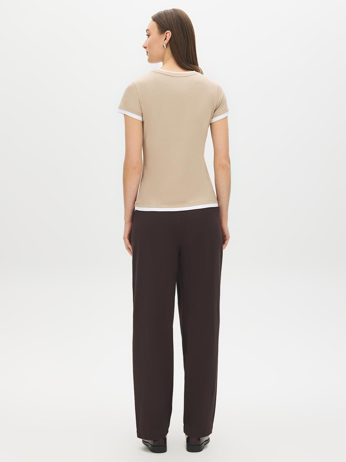 Coffee Bean and White Double Layer Crew Neck Top - Back View - Suzy Shier