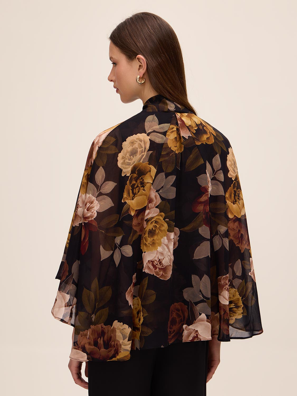 Dijon Print Floral Tie Neck Cape Top - Back View - Le Chateau