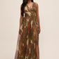 Gold/Rust Metallic Crinkle Knit V-Neck Gown - Woman Wearing Evening Dress with Front Slit - Le Chateau