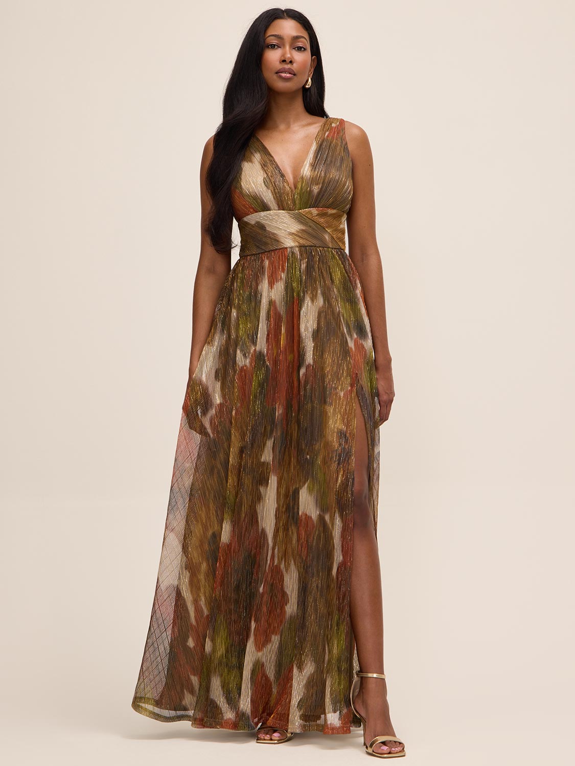 Gold/Rust Metallic Crinkle Knit V-Neck Gown - Woman Wearing Evening Dress with Front Slit - Le Chateau