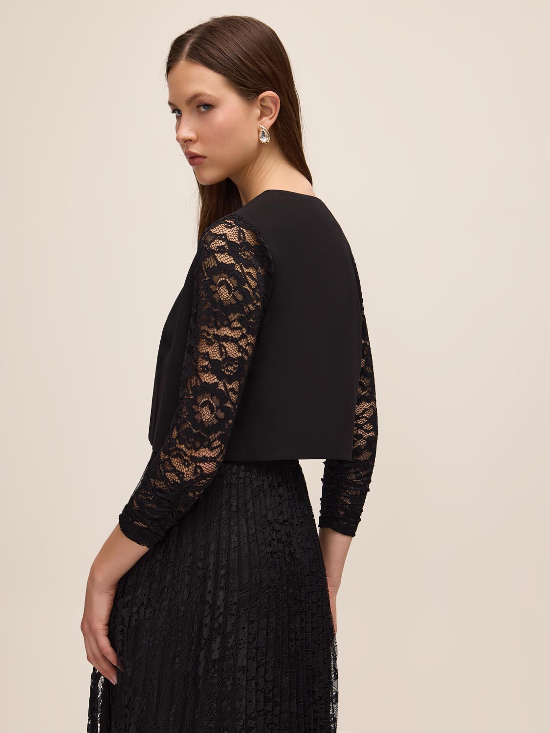 Black Knit Crepe Bolero with Illusion Lace Sleeves - Back View - Le Chateau