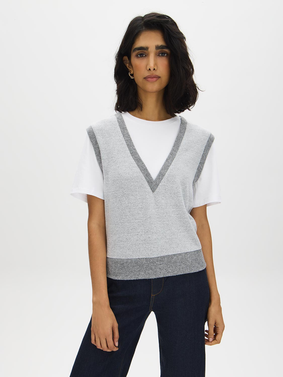 Grey Melange Crew Neck Jersey Top with Hacci Vest - Woman Wearing Layered Knit Top - Suzy Shier