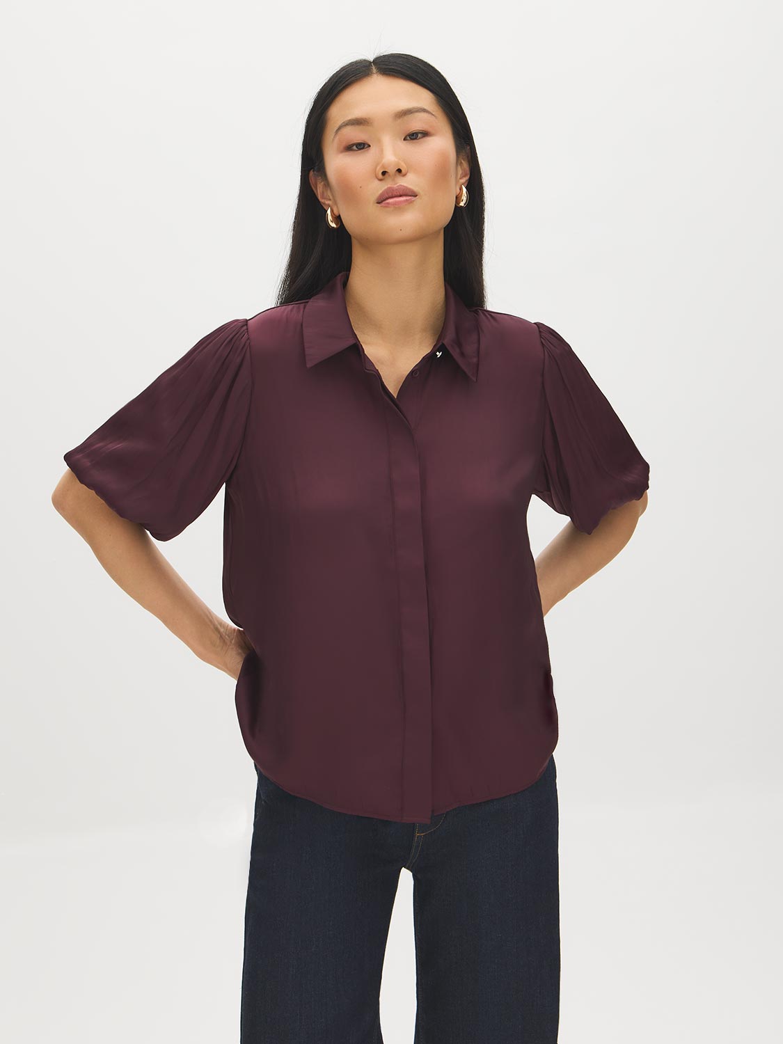 Winetasting Matte Satin Blouse with Bubble Sleeves - Woman Wearing Short Sleeve Blouse - Suzy Shier