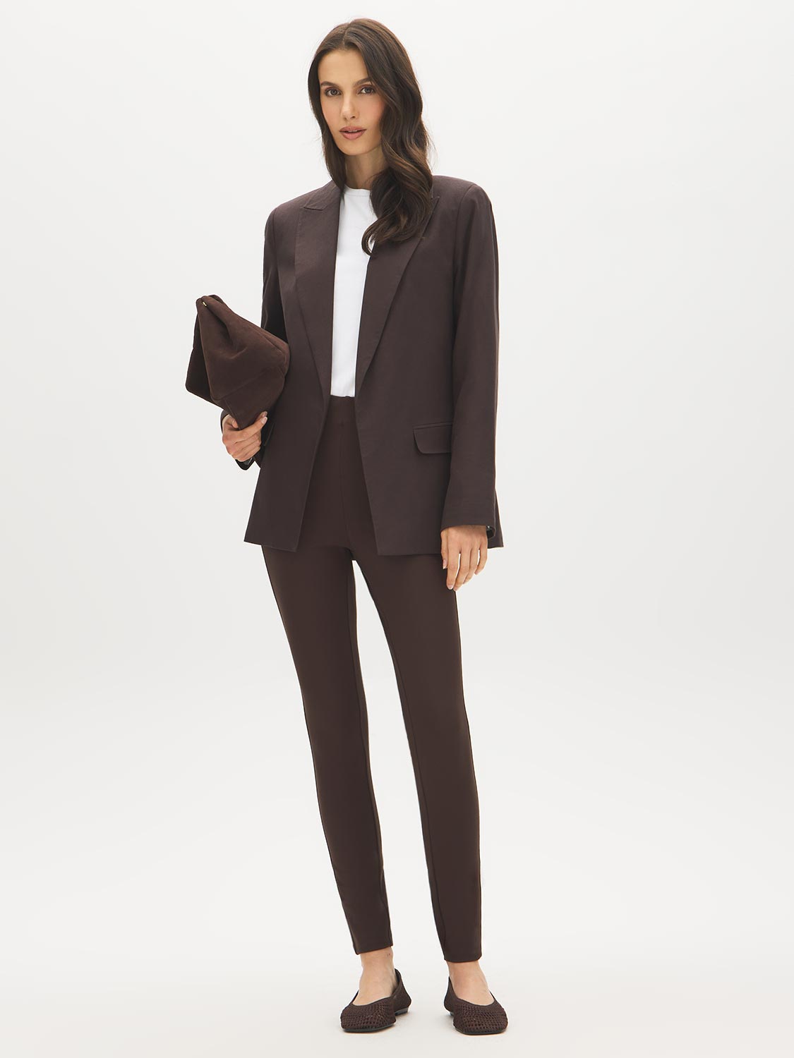Coffee Bean Corset Waist Skinny Knit Pants - Woman Wearing Pull-On Stretch Pants - Suzy Shier