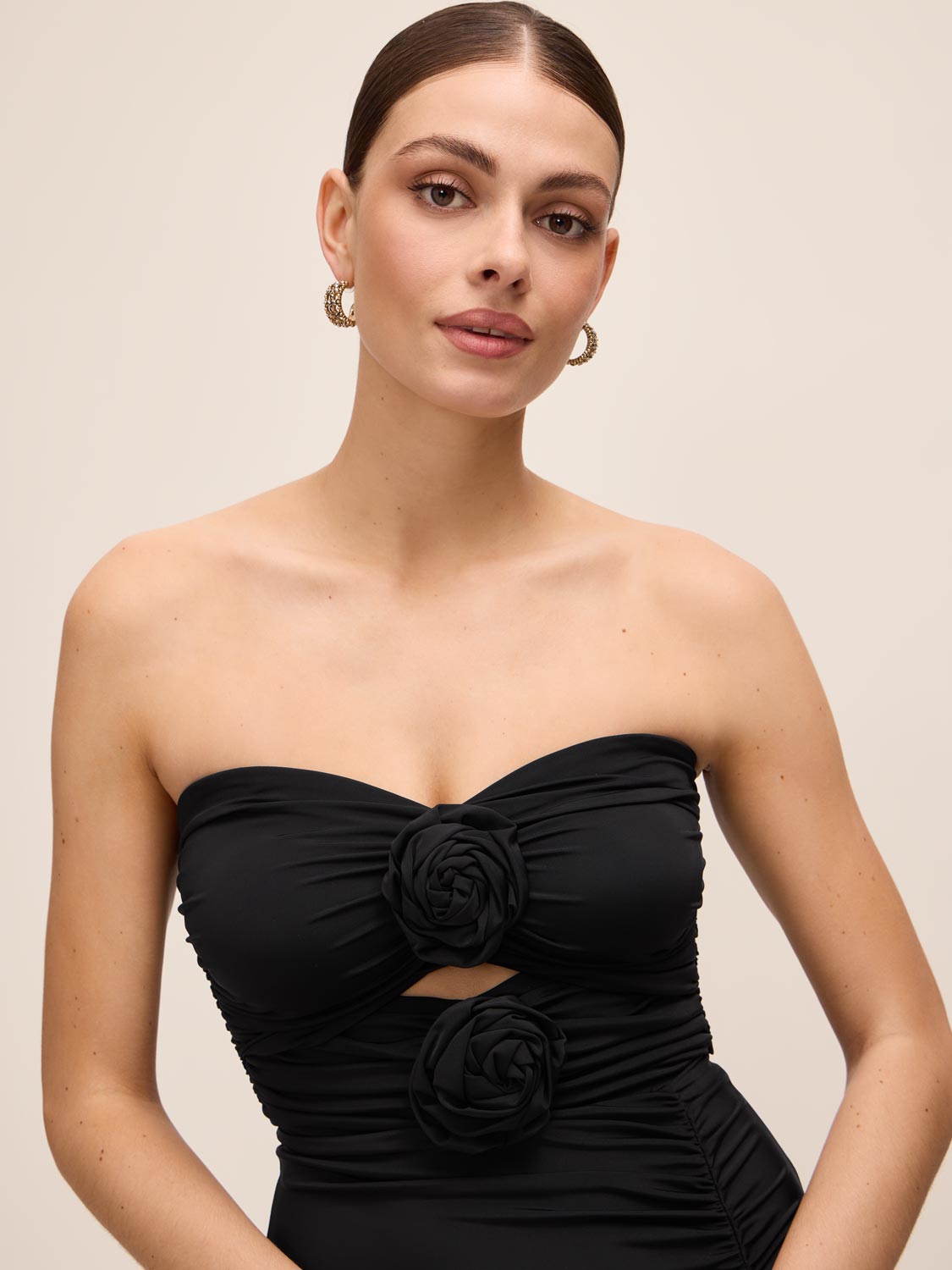 Black Strapless Gown with Rosette Trim - Close-up Rosette Detail - Le Chateau