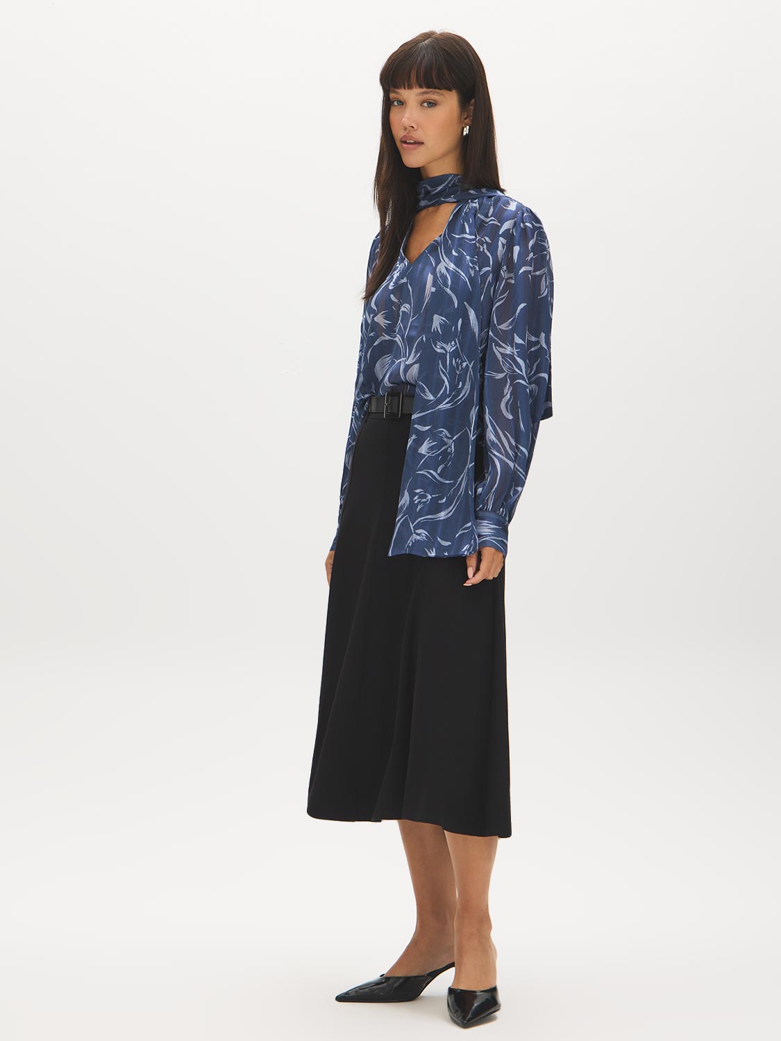 Oceana Printed Pussy Bow Blouse - Side Profile View - Suzy Shier