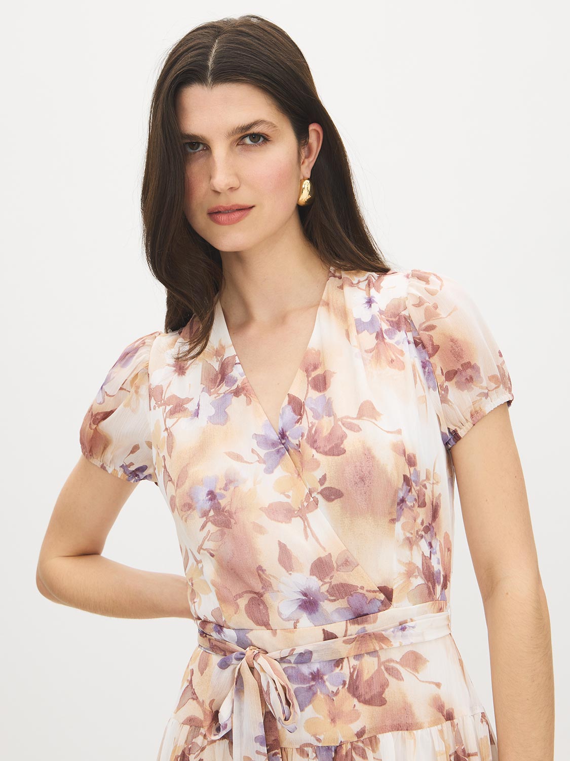 Sand Floral Print Textured Chiffon Midi Dress - Close-up Front Detail - Suzy Shier