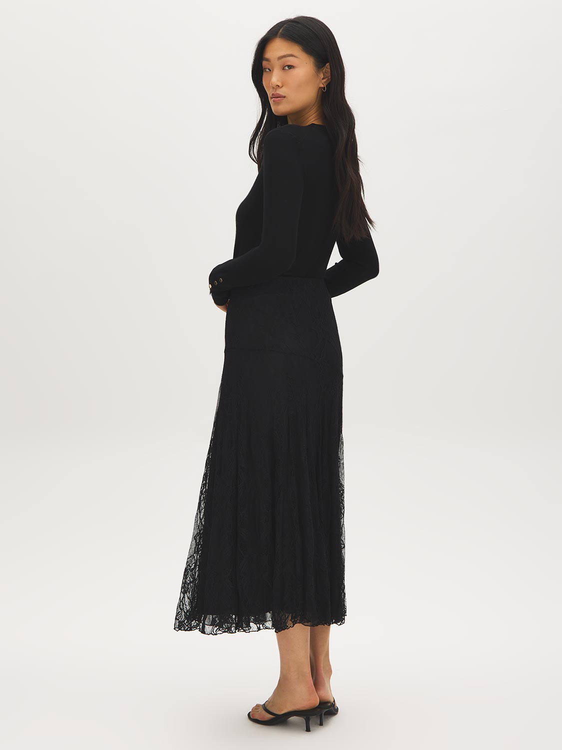 Black Lace Skirt with Diagonal Drop Waist - Side Profile View - Suzy Shier