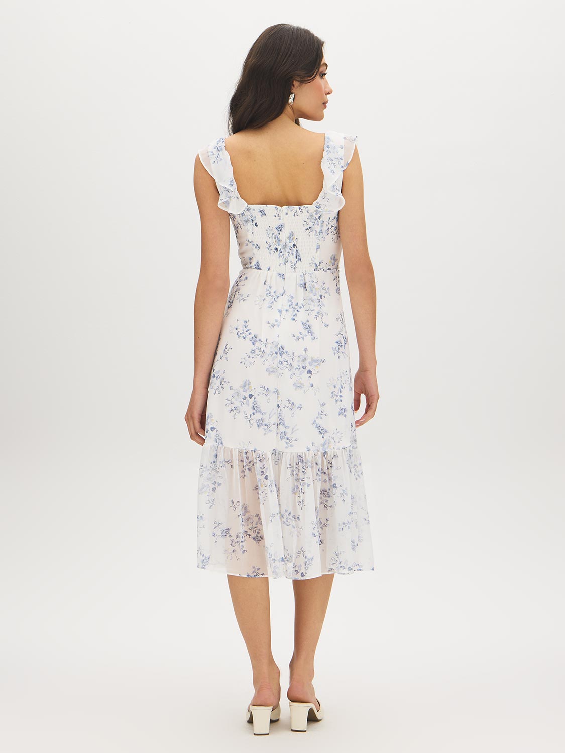 Snow White Floral Chiffon Dress with Ruffled Straps - Woman Wearing Tiered Skirt Dress - Suzy Shier