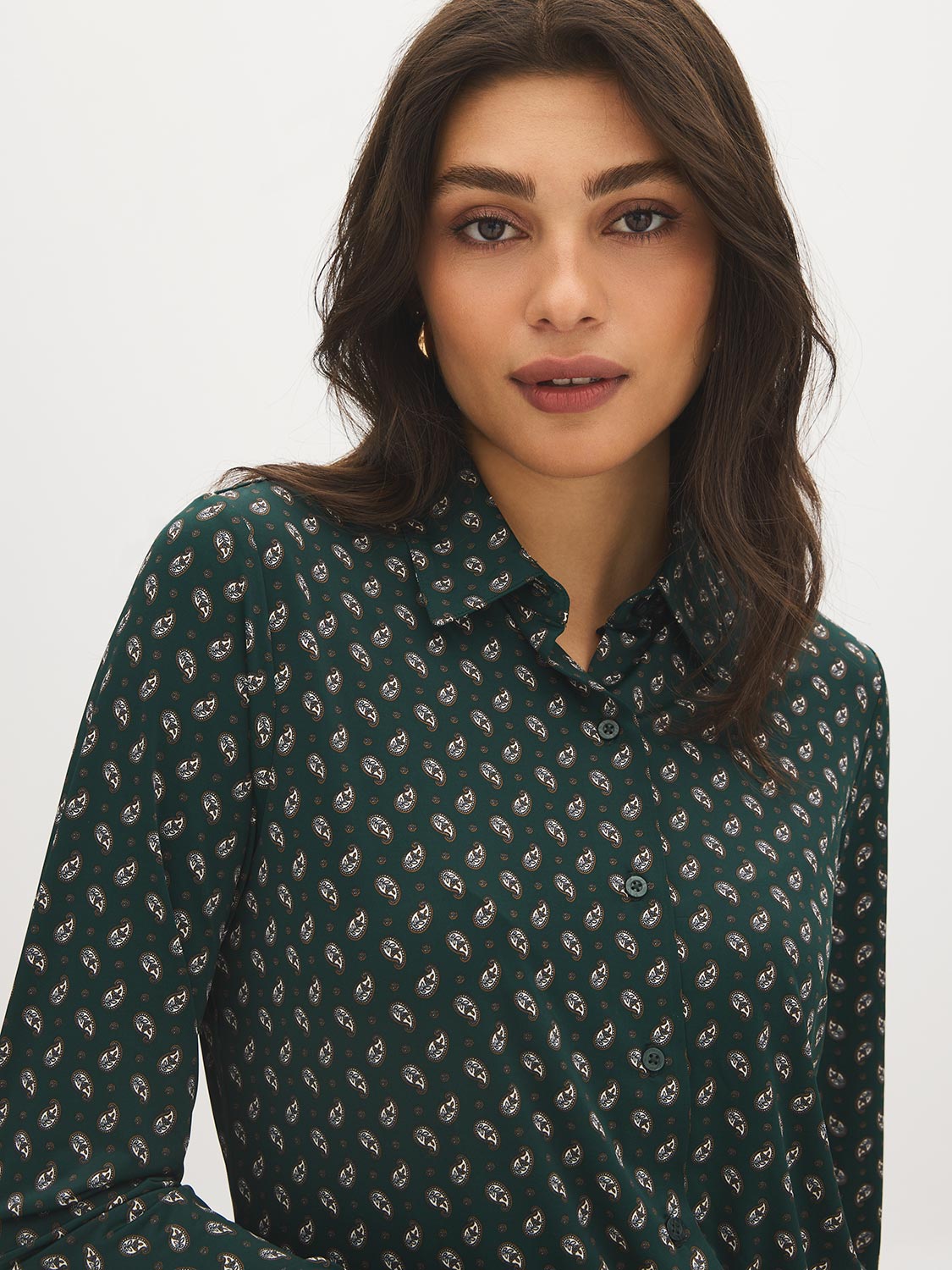 Scarab Printed Button-Up Blouse with Shirt Collar - Close-up Fabric Detail - Suzy Shier