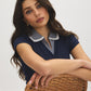 Naval Academy Ribbed 2fer Knit Top with Gingham Collar - Front View - Suzy Shier