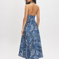 Dark Sapphire Paisley Print Halter Dress - Woman Wearing Halter Dress with Front Slit - Suzy Shier