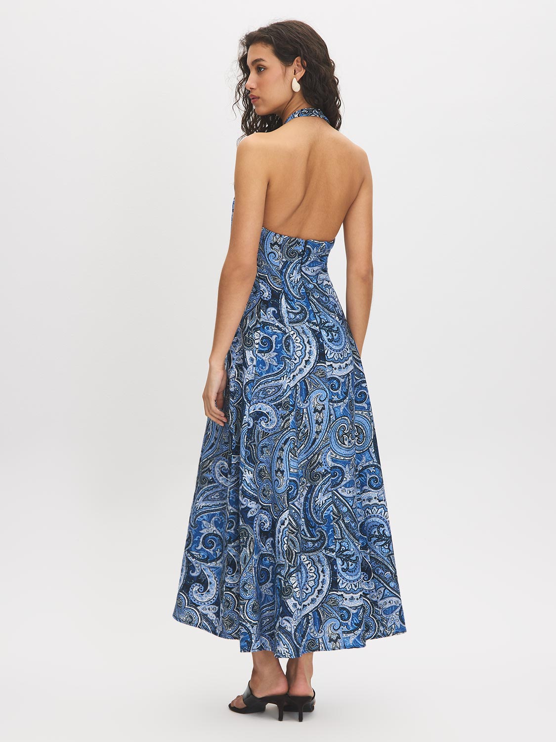 Dark Sapphire Paisley Print Halter Dress - Woman Wearing Halter Dress with Front Slit - Suzy Shier