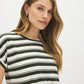 Snow White and Green Striped Dolman Sleeve Knit Top - Front View - Suzy Shier