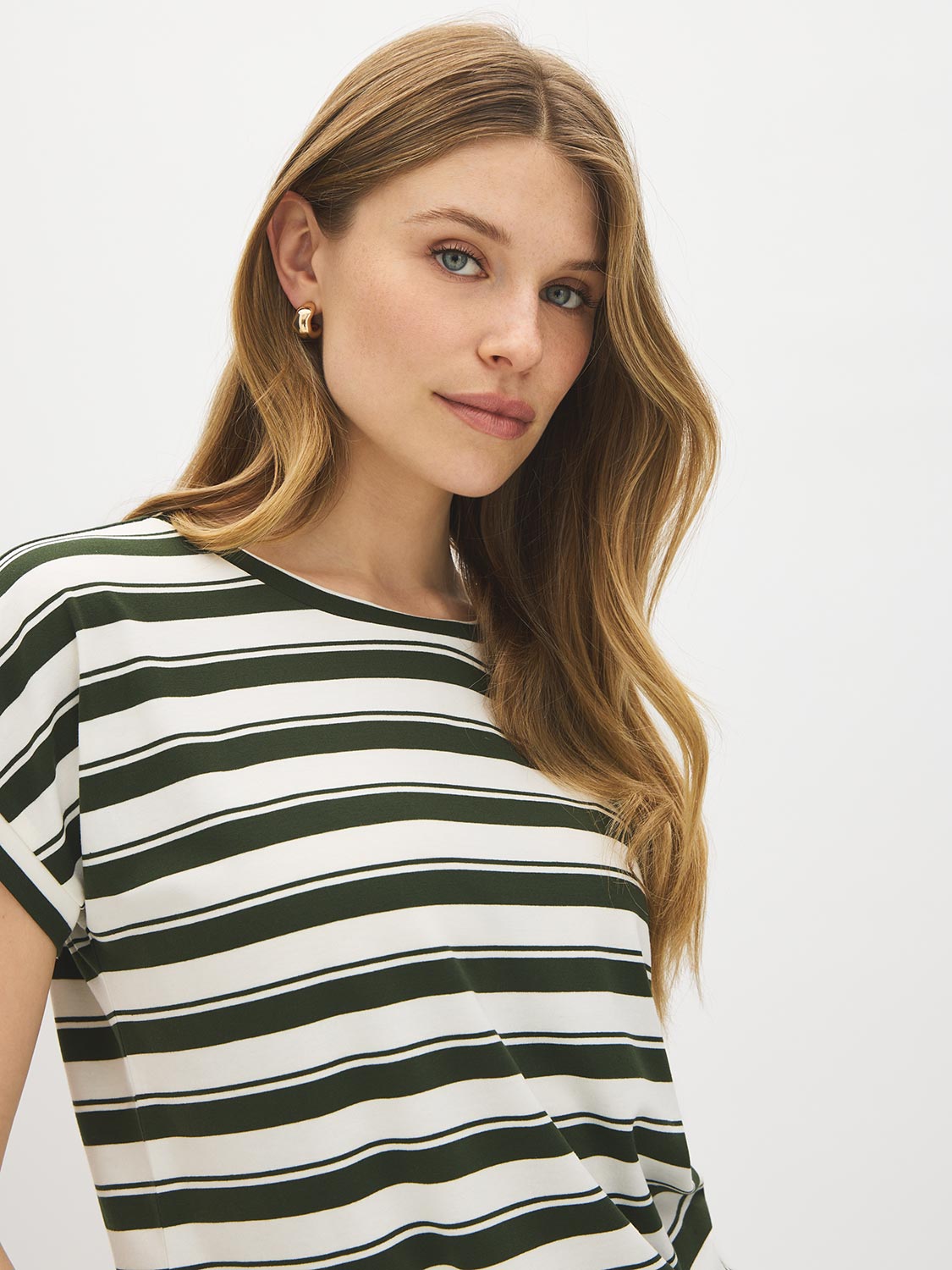 Snow White and Green Striped Dolman Sleeve Knit Top - Front View - Suzy Shier