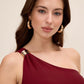 Brick One-Shoulder Knit Crepe Sheath Dress - Woman Wearing Fitted Dress with Metal Trim Detail - Le Chateau