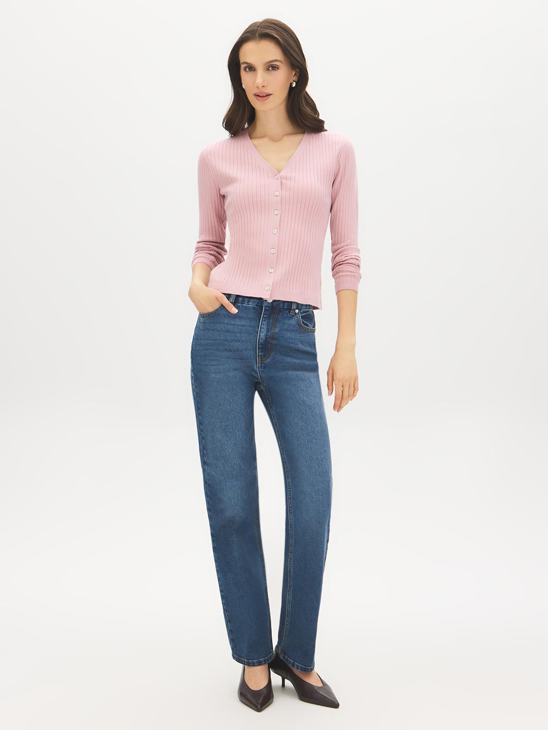 Zephyr Ribbed V-Neck Cardigan - Front View - Suzy Shier