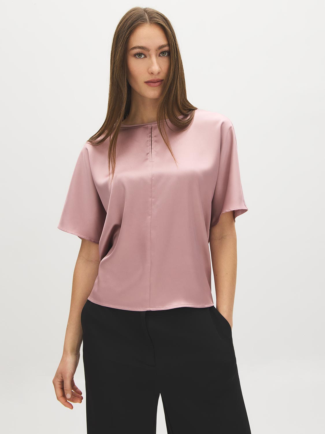 Zephyr Dolman Sleeve Satin Front Top with Keyhole - Woman Wearing Relaxed Crew Neck Blouse - Suzy Shier
