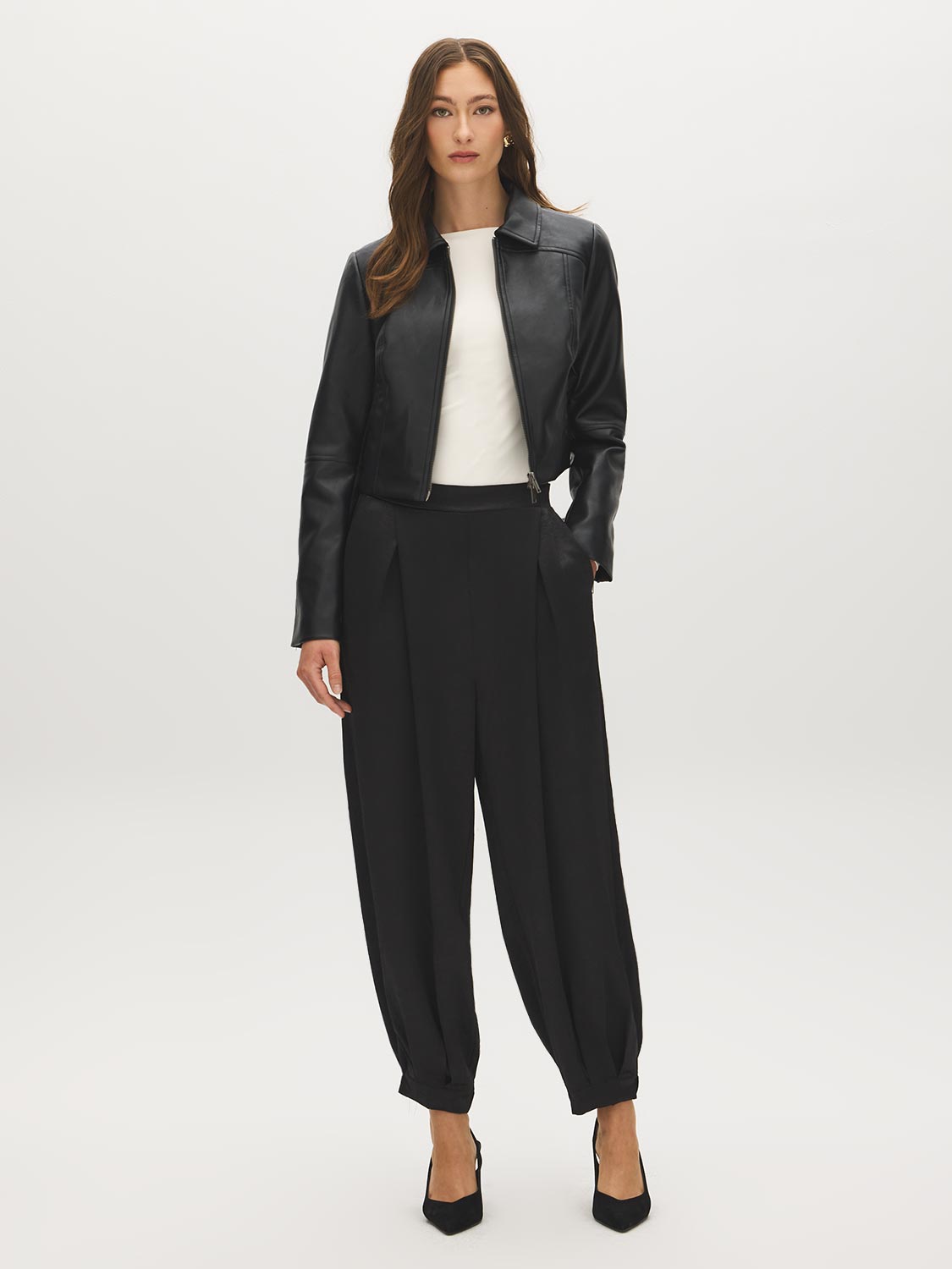 Black Crinkled Satin Balloon Pants - Styled Front View - Suzy Shier