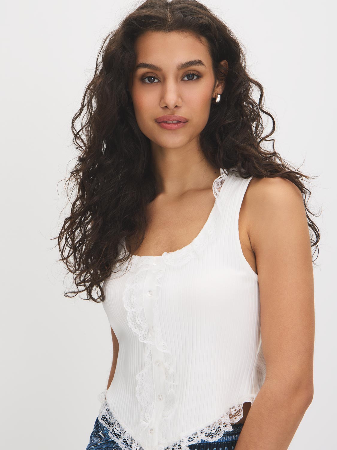 Snow White Rib Jersey Corset Look Tank - Close-up of Lace Ruffle Detail - Suzy Shier