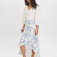 Blue Floral Hi-Low Ruffle Front Midi Skirt - Woman Wearing Textured Slub Midi Skirt - Suzy Shier