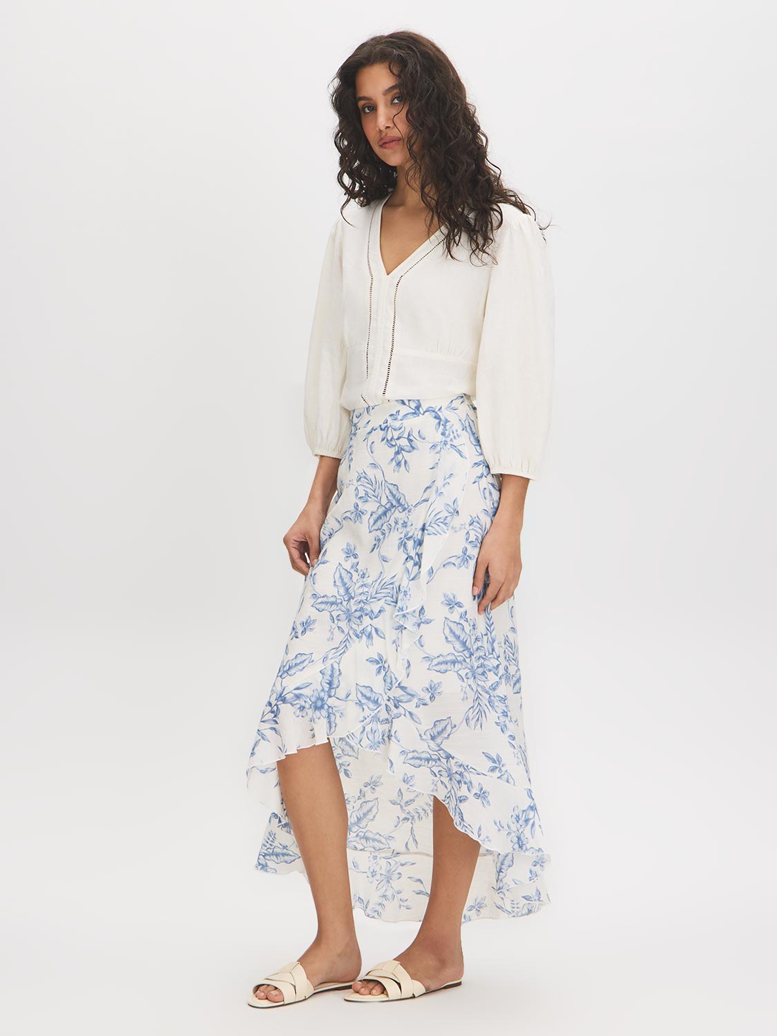 Blue Floral Hi-Low Ruffle Front Midi Skirt - Woman Wearing Textured Slub Midi Skirt - Suzy Shier