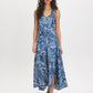 Dark Sapphire Paisley Print Halter Dress - Woman Wearing Halter Dress with Front Slit - Suzy Shier