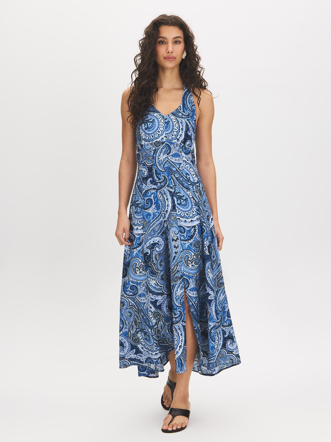 Dark Sapphire Paisley Print Halter Dress - Woman Wearing Halter Dress with Front Slit - Suzy Shier