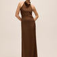 Mocha Cowl Neck Gown with Side Pleat - Woman Wearing Floor-Length Evening Dress - Le Chateau