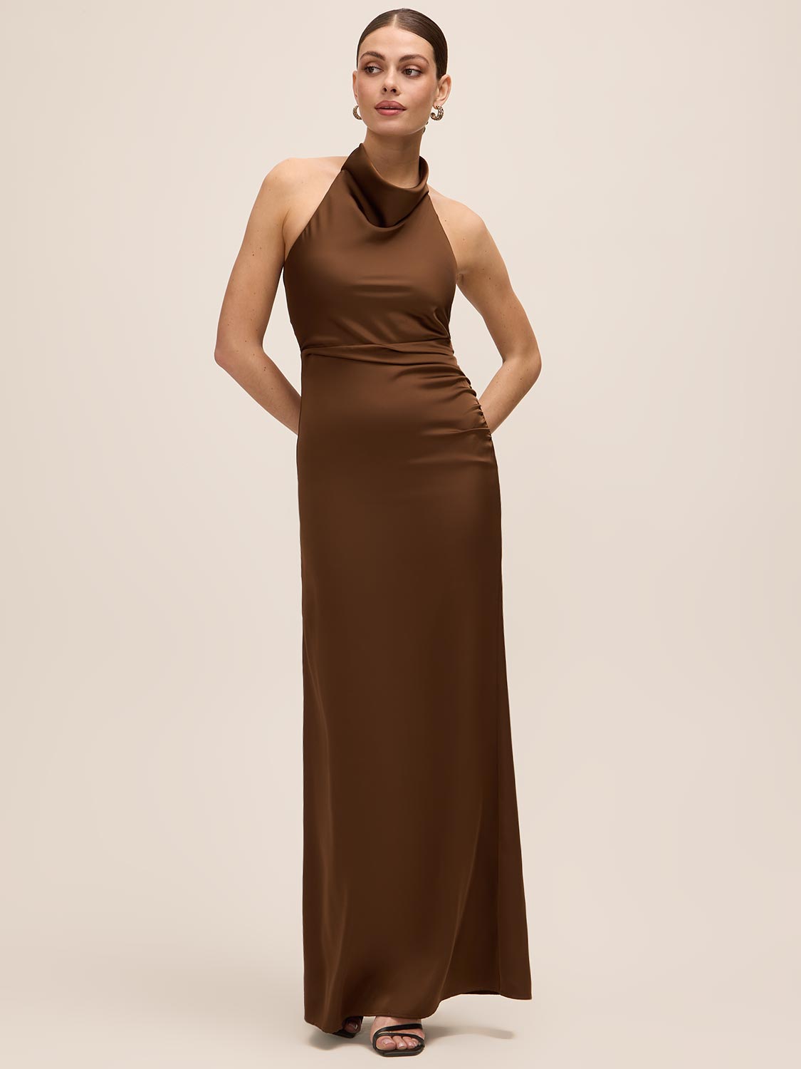 Mocha Cowl Neck Gown with Side Pleat - Woman Wearing Floor-Length Evening Dress - Le Chateau