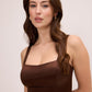 Chocolate Square Neck Knit Satin Wrap Dress - Woman Wearing Elegant Evening Dress - Le Chateau