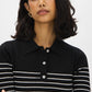 Black/Pearl Striped Ribbed Polo Sweater - Close-up Collar Detail - Suzy Shier