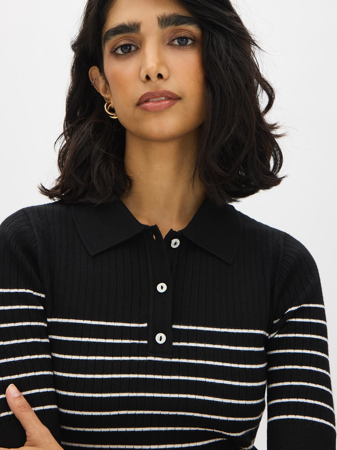 Black/Pearl Striped Ribbed Polo Sweater - Close-up Collar Detail - Suzy Shier