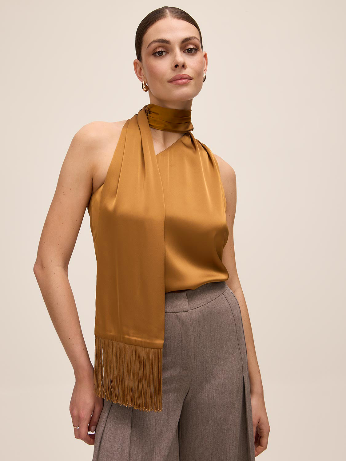 Dijon Fringe Scarf Satin Top - Front View - Le Chateau