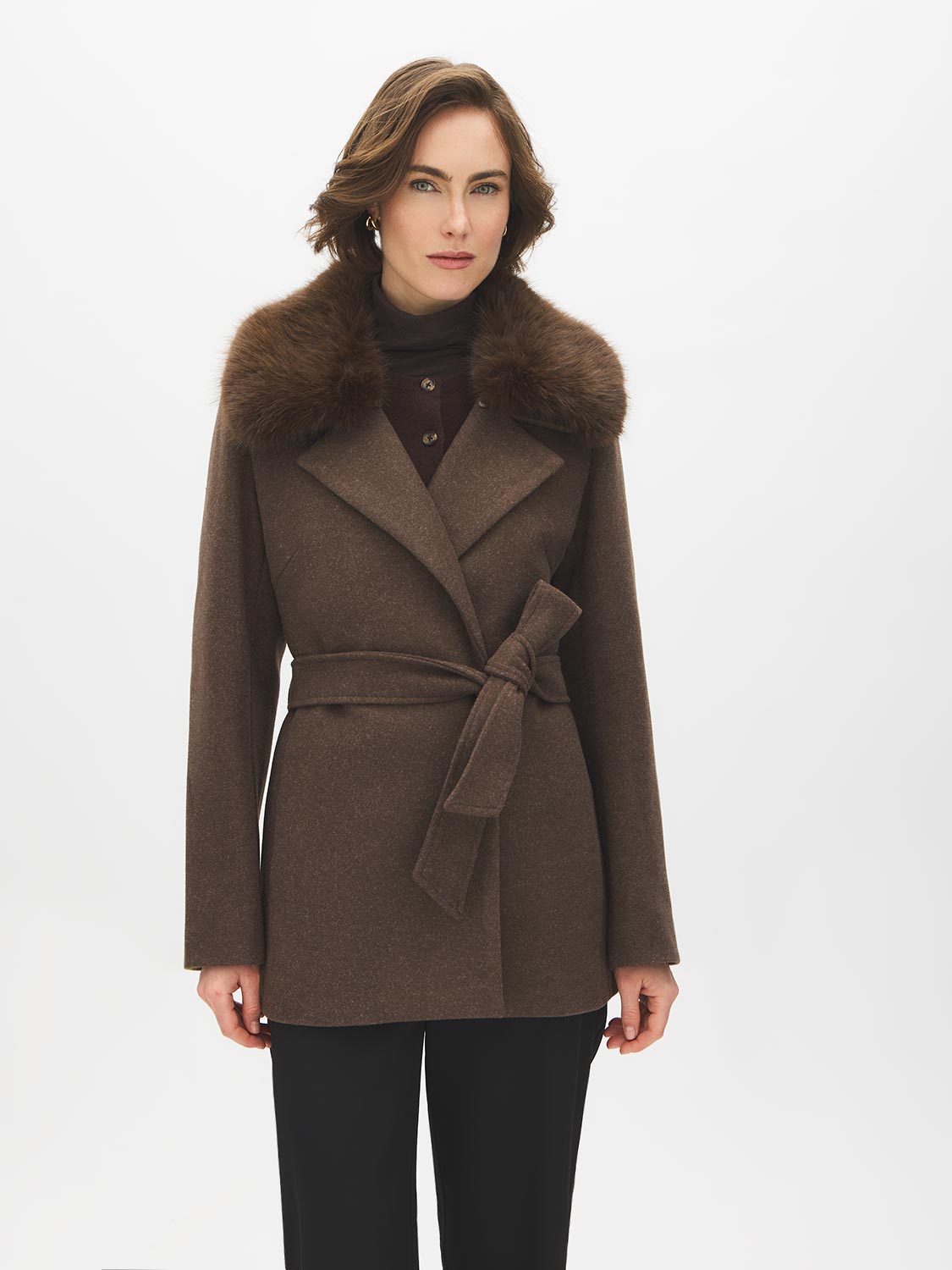 Dark Brown Melange Short Belted Faux Wool Coat - Front View with Faux Fur Collar - Suzy Shier