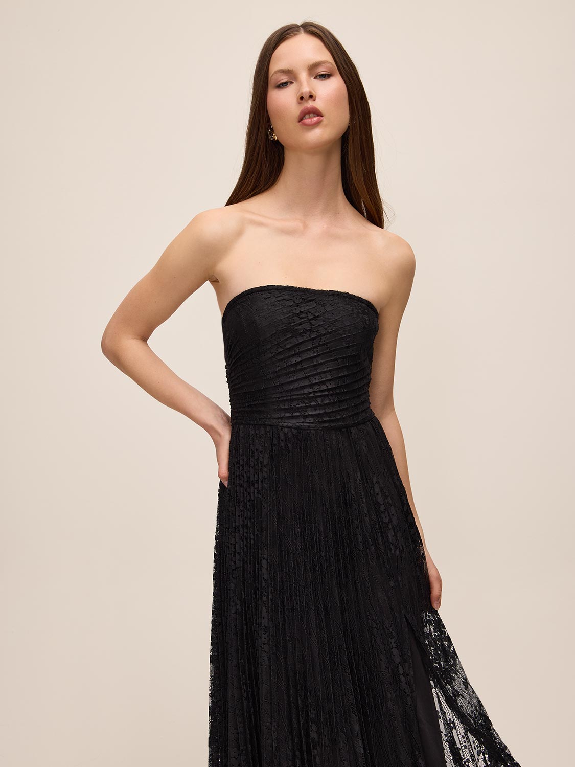Black Strapless Lace Midi Dress with Pleated Skirt - Front View - Le Chateau