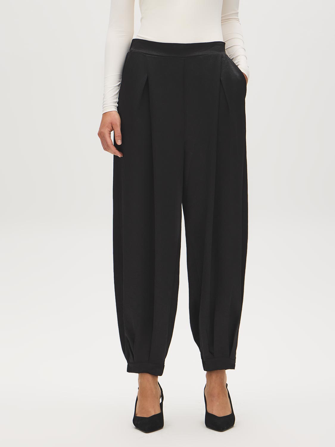 Black Crinkled Satin Balloon Pants - Front Waist Detail - Suzy Shier