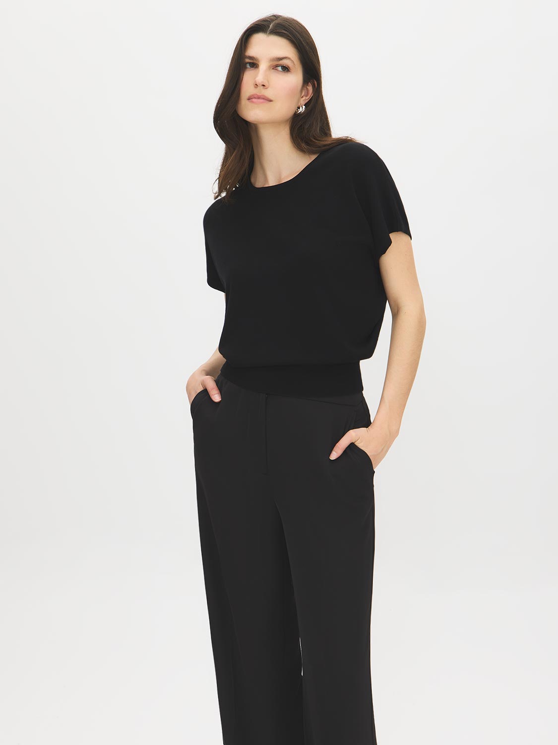 Black Dolman Sleeve Crew Neck Sweater - Front View - Suzy Shier