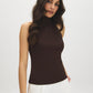 Coffee Bean Sleeveless Halter Mock Neck Top - Woman Wearing Fitted Shell Top - Suzy Shier