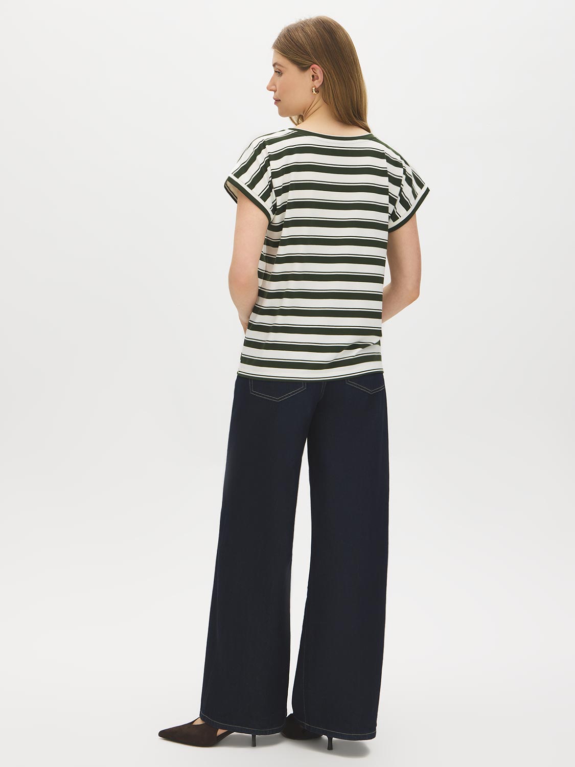 Snow White and Green Striped Dolman Sleeve Knit Top - Back View - Suzy Shier