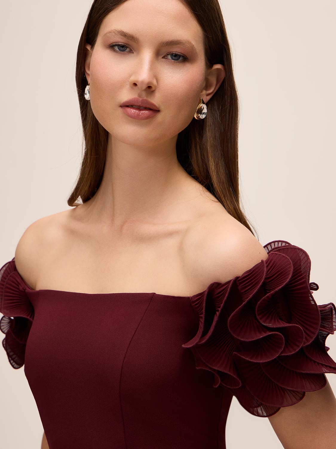 Bordeaux Off-Shoulder Knit Crepe Gown with Chiffon Rosette Sleeves - Sleeve Detail - Le Chateau