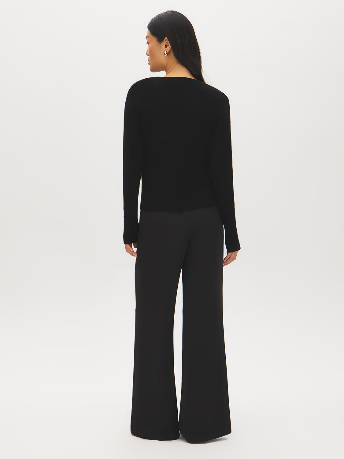 Black V-Neck Knit Sweater with Ribbed Cuffs - Back View - Suzy Shier