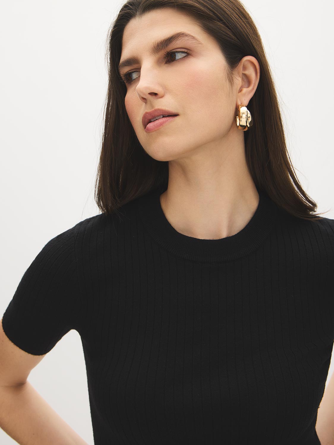 Black Ribbed Knit Crew Neck Sweater - Close-up Fabric Detail - Suzy Shier