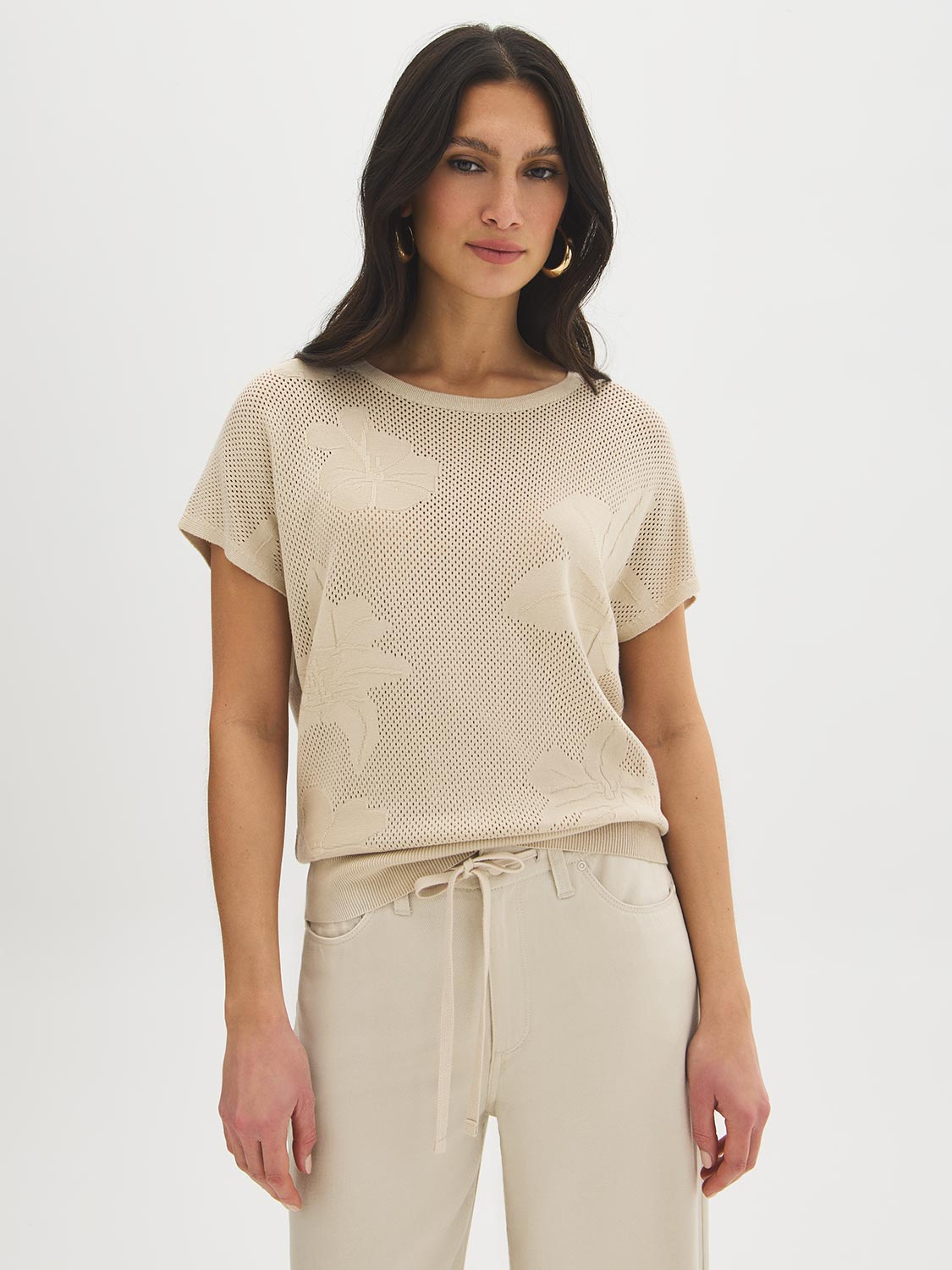 Xenon Blue Knit Crochet Sweater with Dolman Look - Woman Wearing Textured Open Weave Sweater - Suzy Shier