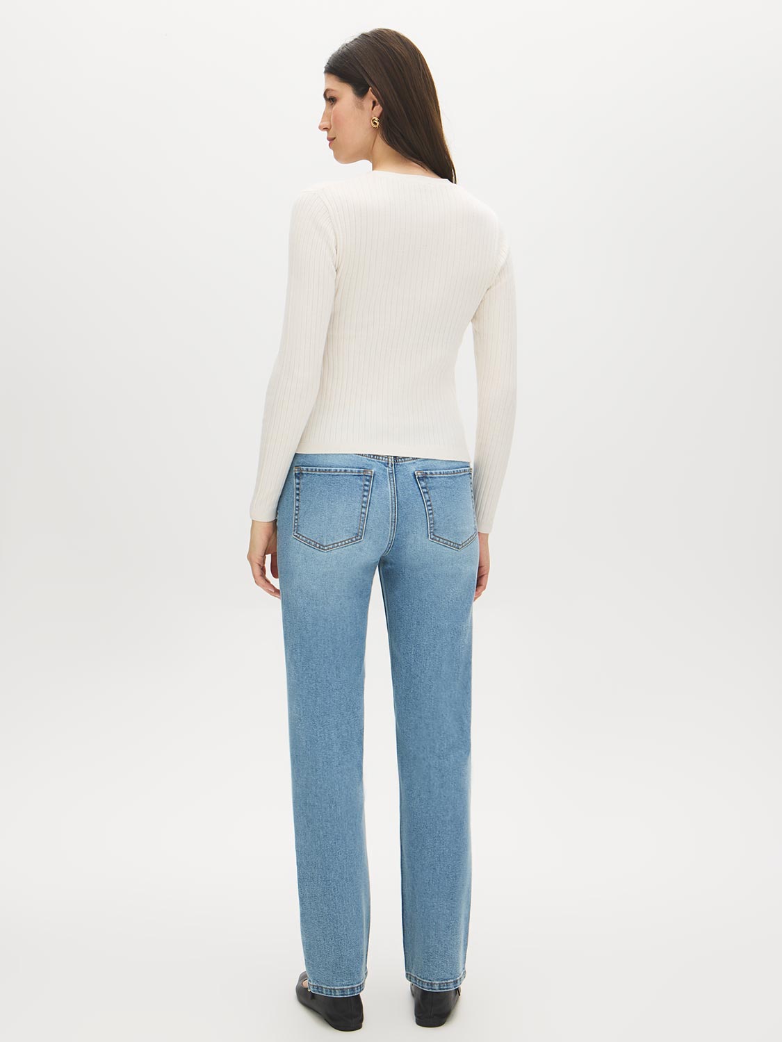 Snow White Ribbed V-Neck Cardigan Sweater - Back View - Suzy Shier
