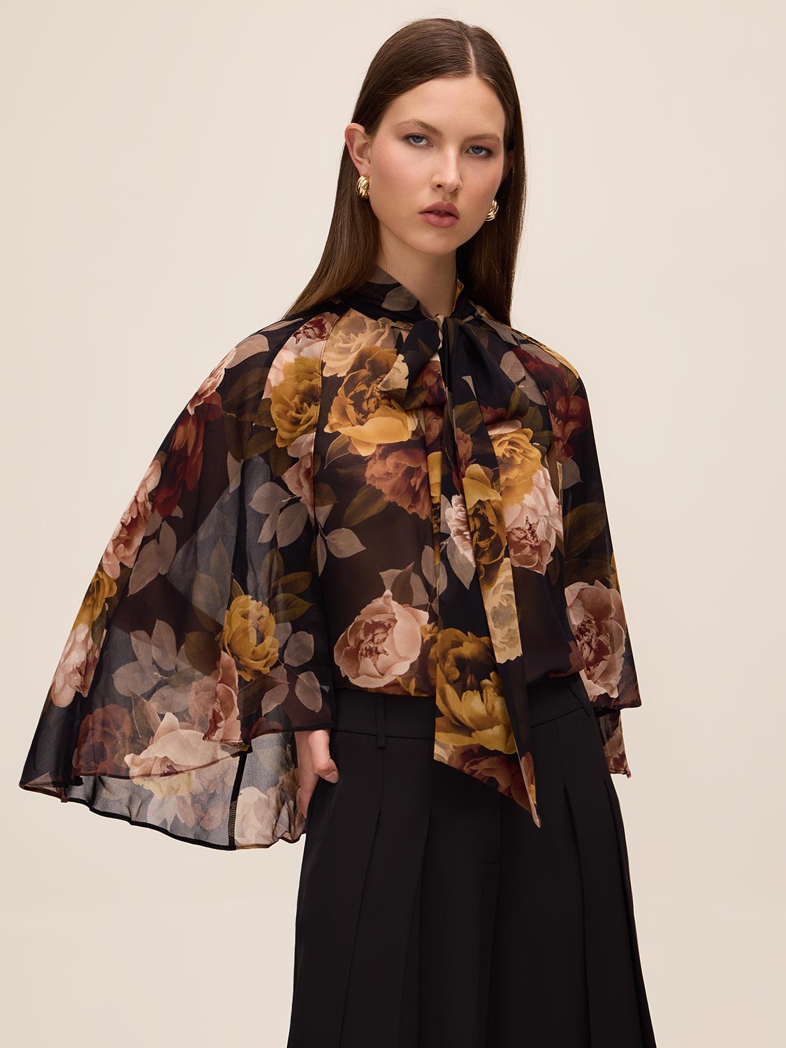 Dijon Print Floral Tie Neck Cape Top - Front View - Le Chateau